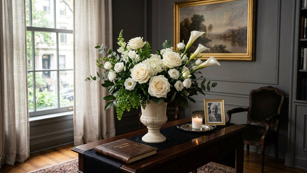 White rose sympathy arrangement on dark wood console — TJ Flowers NYC