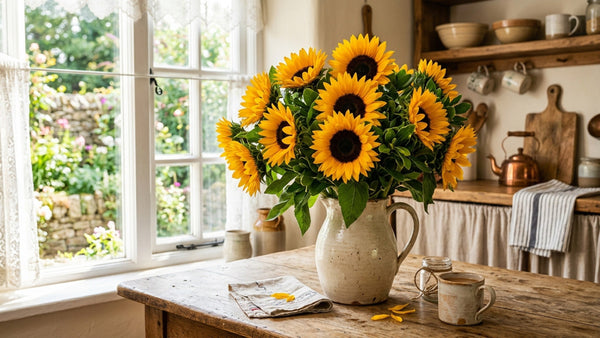 Bright yellow sunflowers in rustic pitcher β TJ Flowers NYC