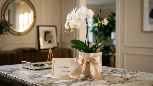White phalaenopsis orchid gift with ribbon and card — orchid gift guide NYC