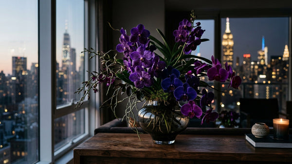 Deep purple vanda and phalaenopsis orchids against the Manhattan skyline โ purple orchid delivery NYC