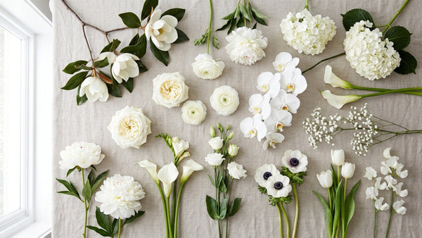 Flat-lay of white flower varieties โ types of white flowers guide