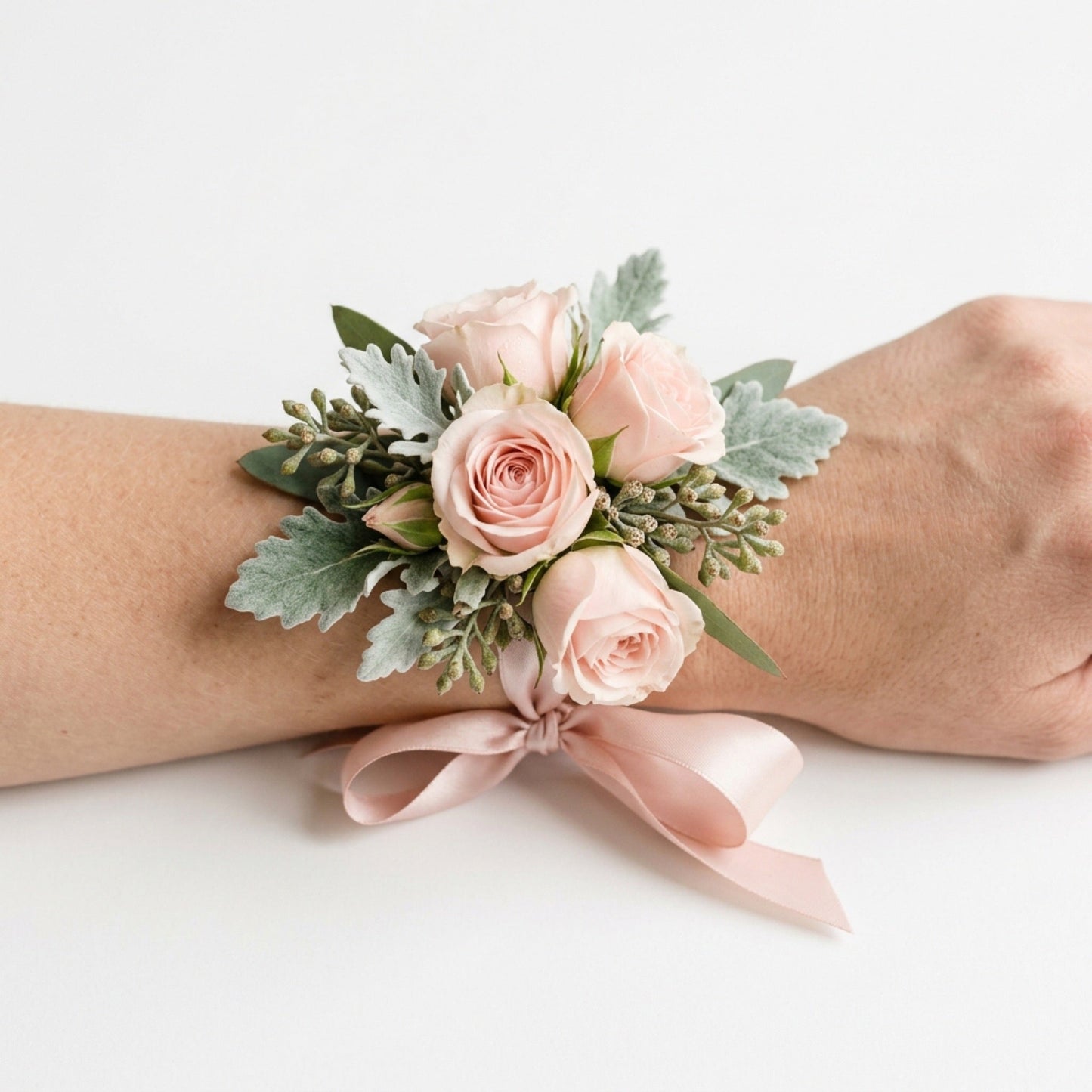 Blush pink rose wrist corsage by TJ Flowers NYC