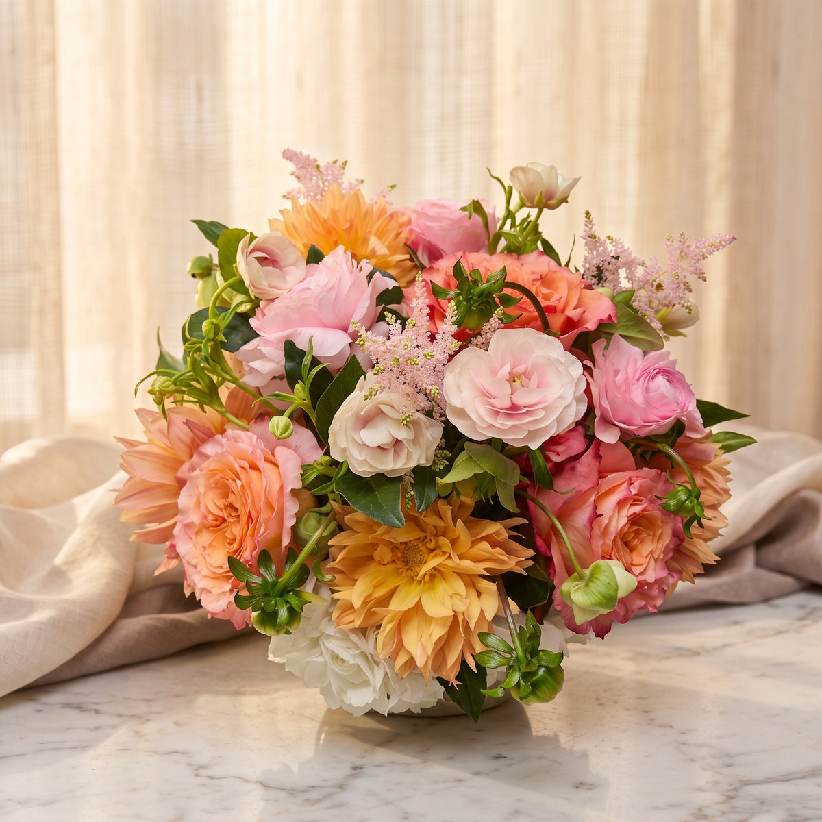 Coral and blush garden roses with peach dahlias and pink astilbe - TJ Flowers NYC