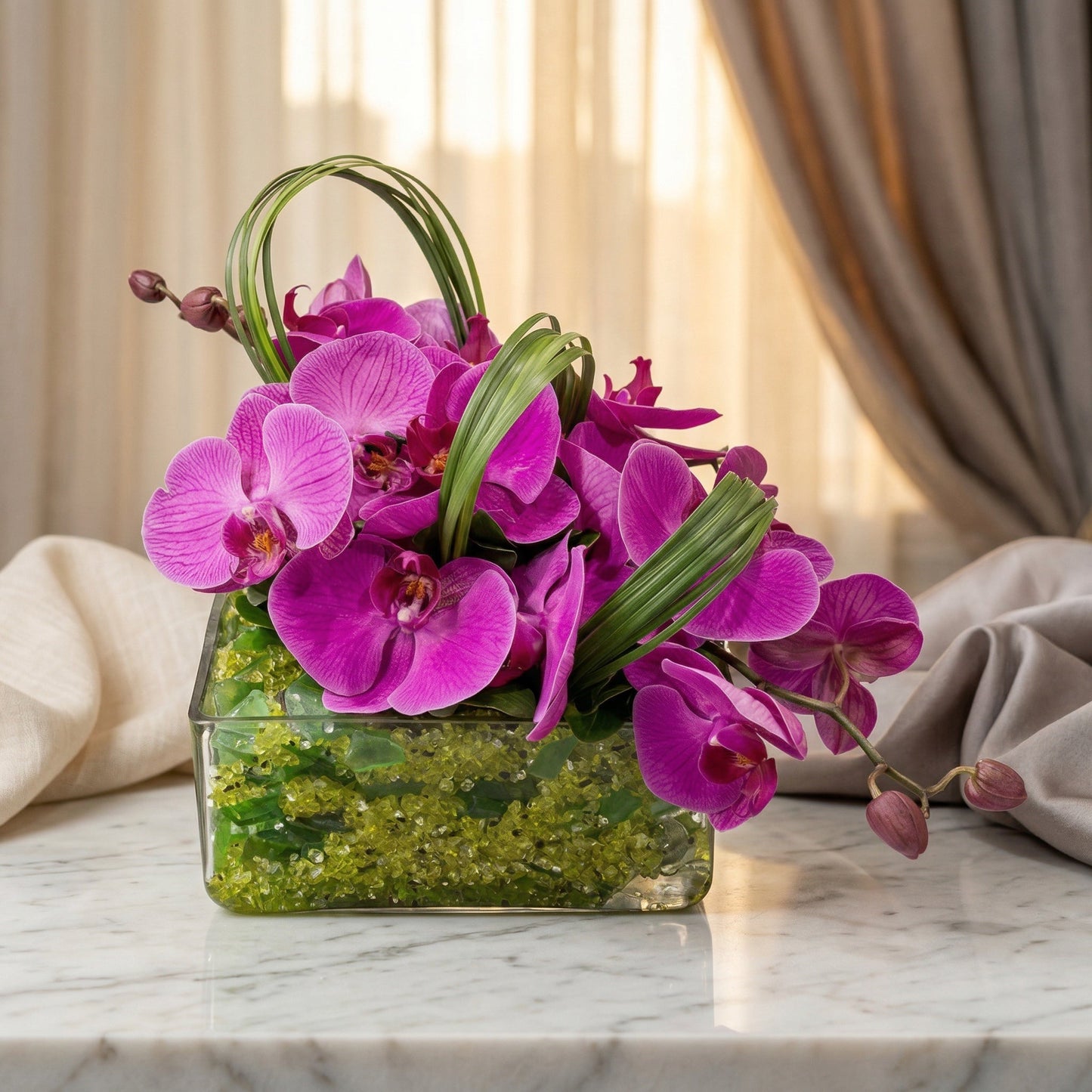 Vibrant magenta phalaenopsis orchids in a modern glass cube with green gems - TJ Flowers NYC