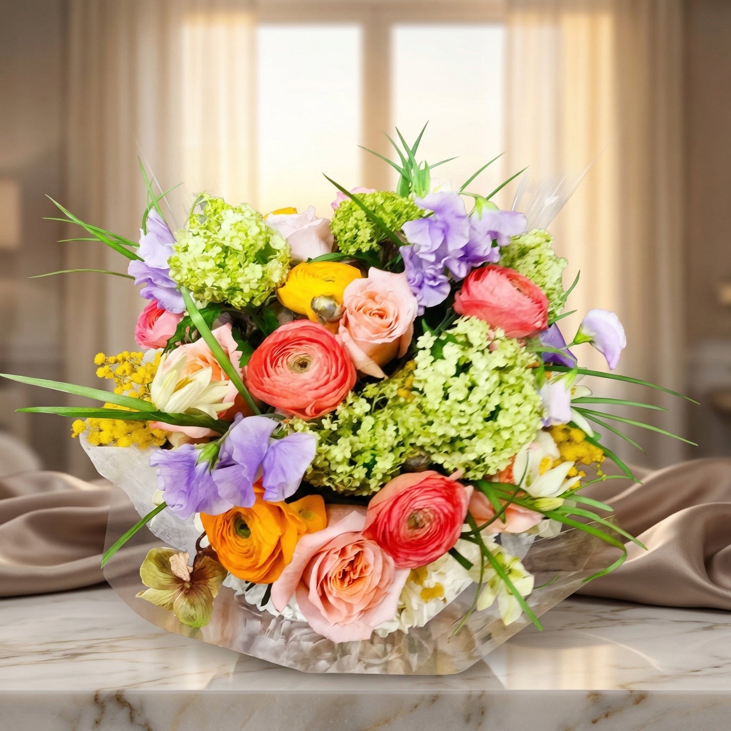 Pastel bouquet with pink roses, green hydrangeas, and purple sweet peas in clear wrap - TJ Flowers NYC