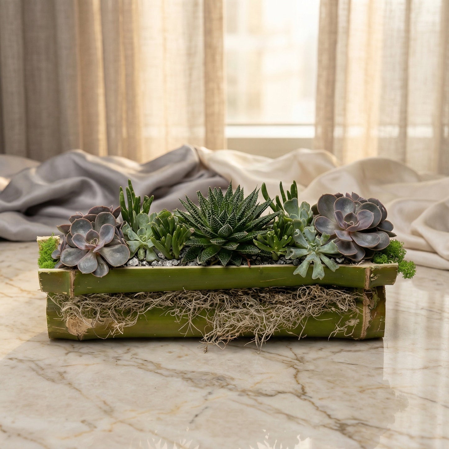 A variety of green and purple succulents in a natural bamboo planter with moss - TJ Flowers NYC
