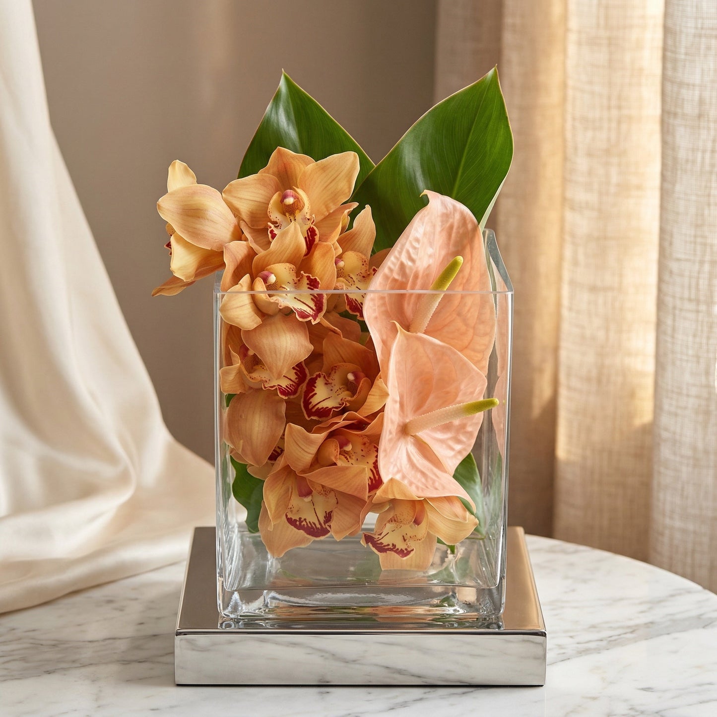 Peach cymbidium orchids and anthurium in a modern square glass vase on a marble table - TJ Flowers NYC