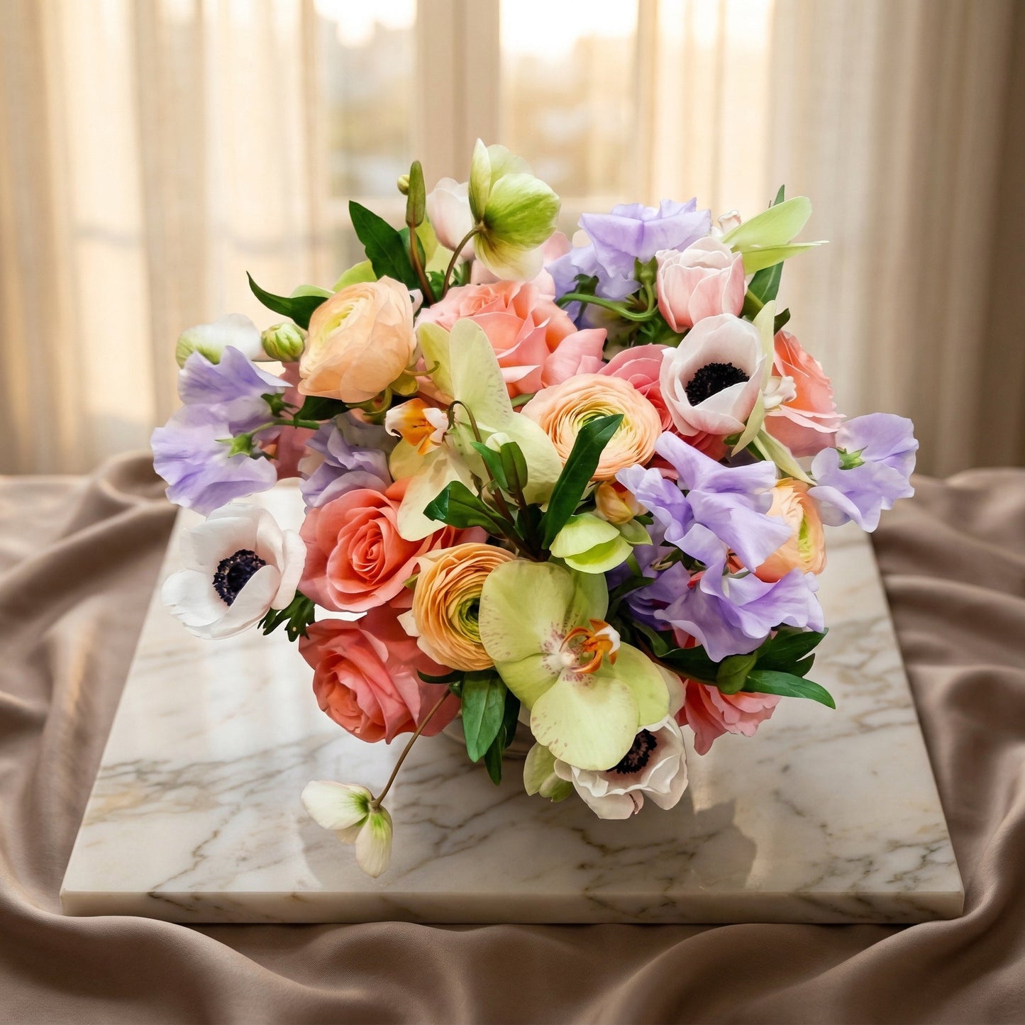 Pastel bouquet with roses, orchids, and sweet peas on a marble slab. - TJ Flowers NYC