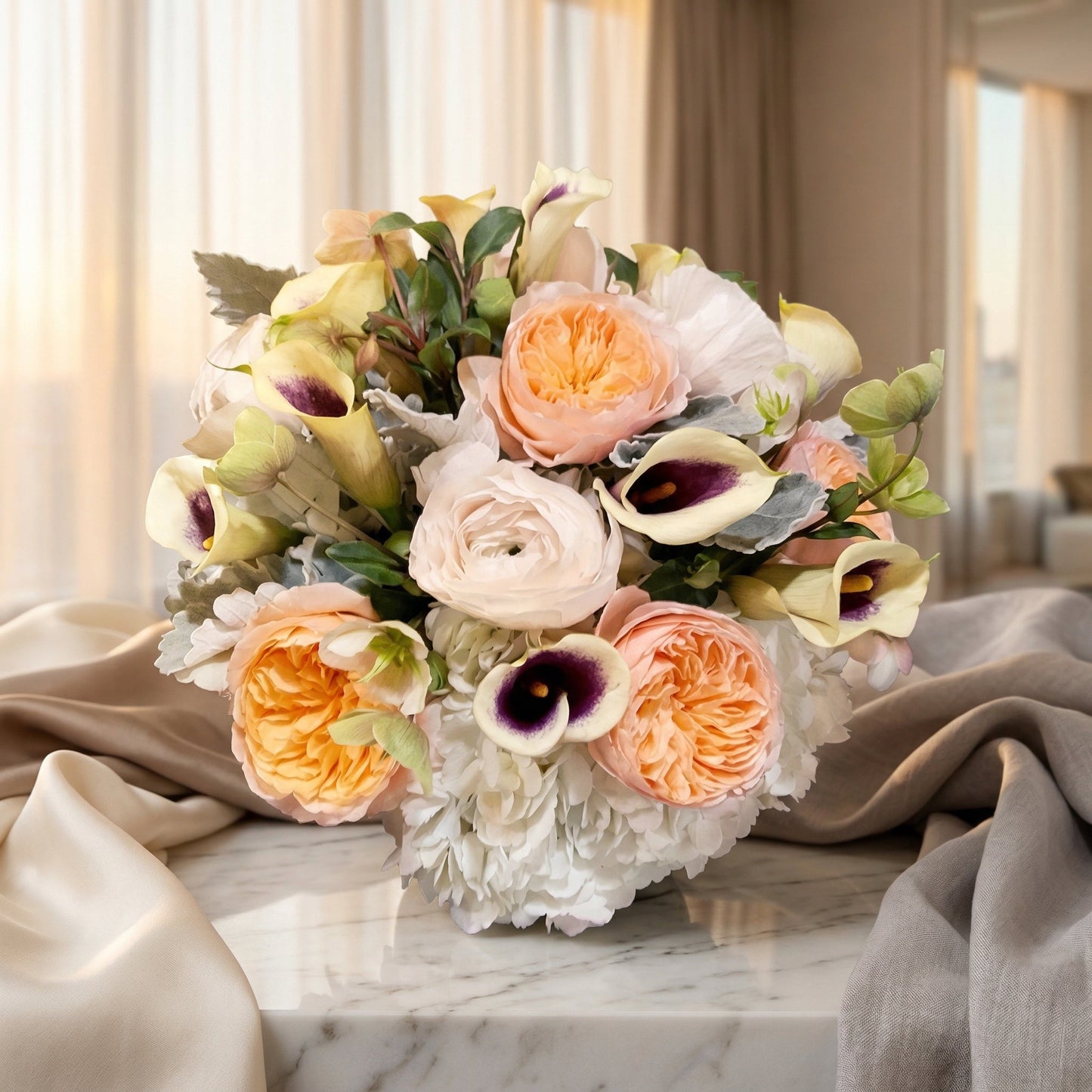 Peach garden roses, white hydrangea, and purple-throated calla lilies in a low vase. - TJ Flowers NYC