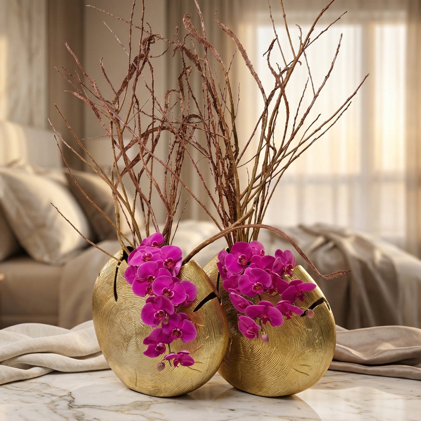 Vibrant magenta phalaenopsis orchids and dried branches in two textured gold disc vases - TJ Flowers NYC