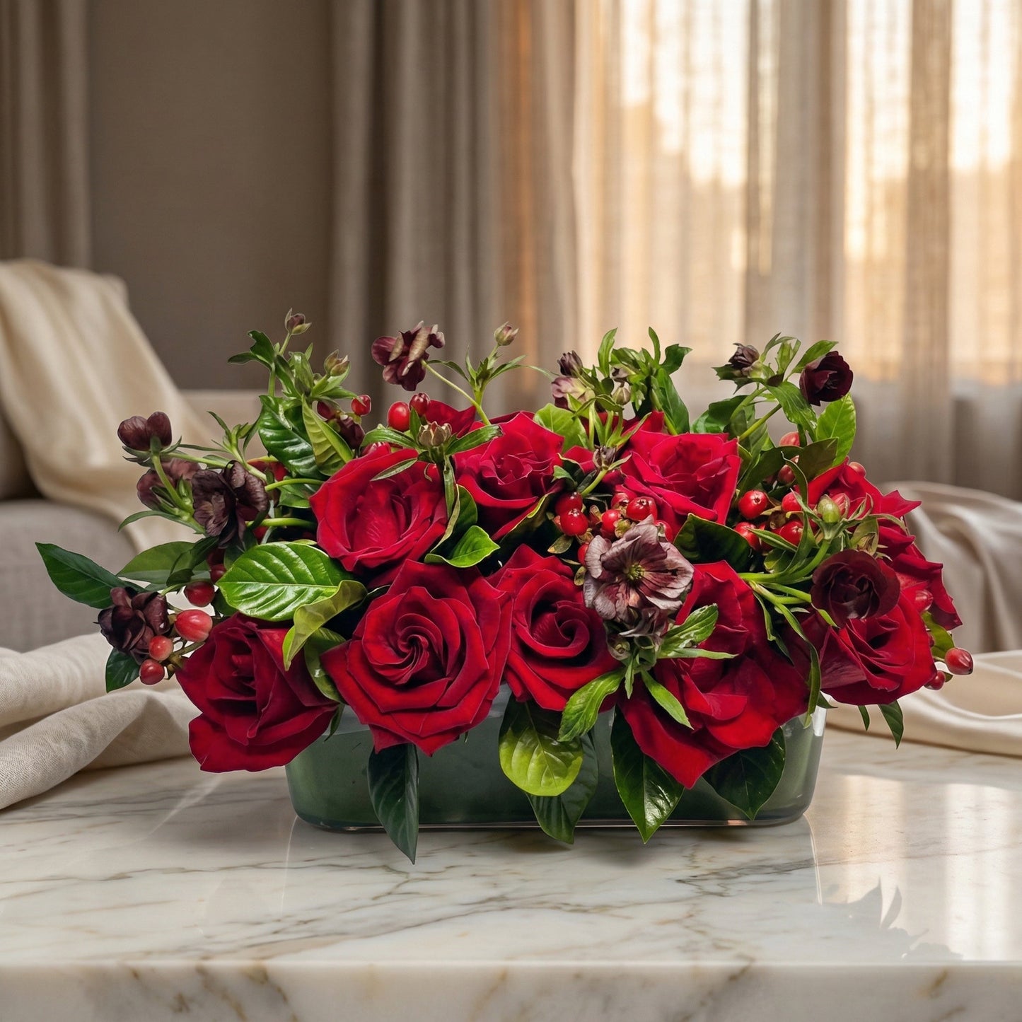 Lush red rose arrangement with berries and dark accents in a low green glass vase - TJ Flowers NYC