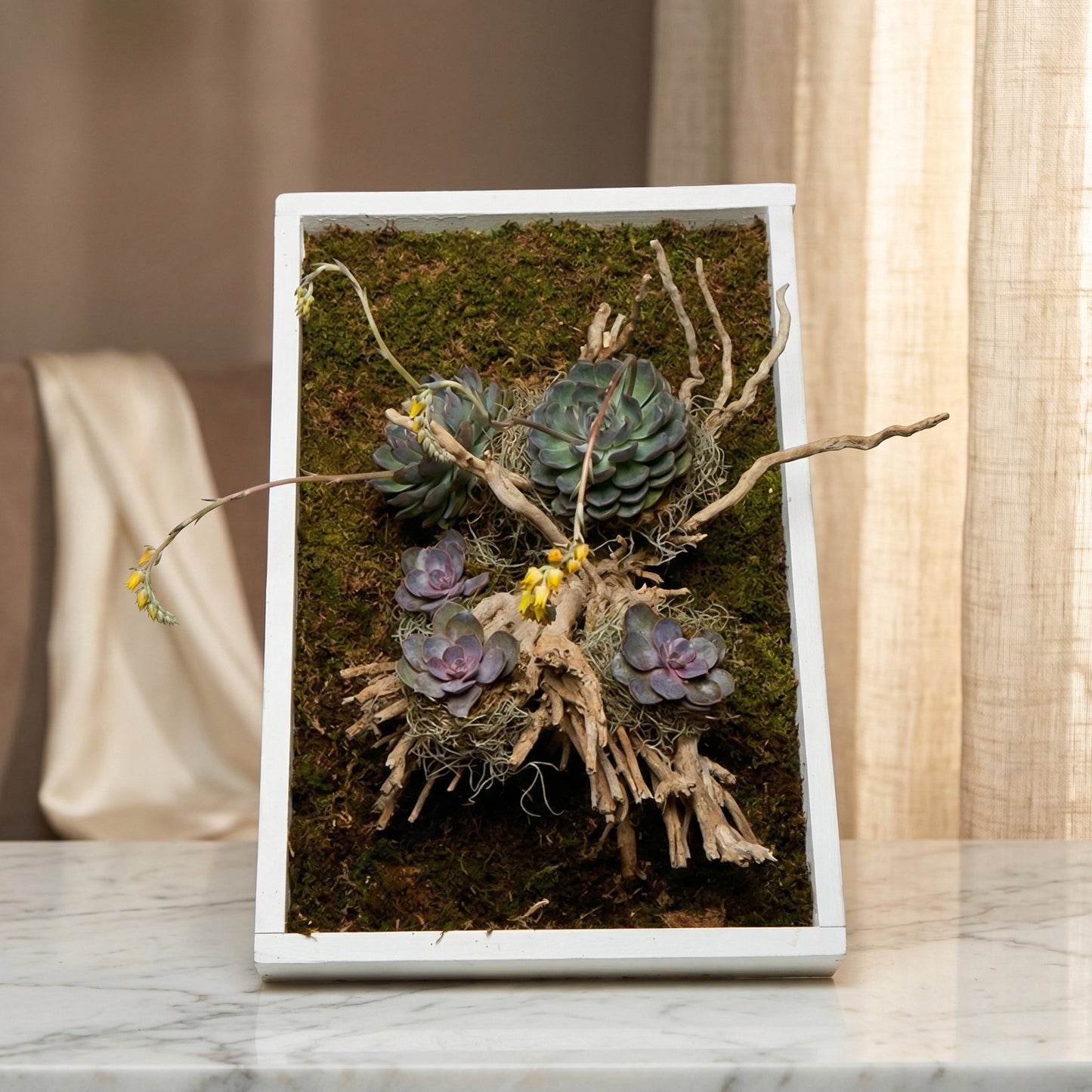 Framed living wall art with green and purple succulents, driftwood, and moss in a white frame - TJ Flowers NYC