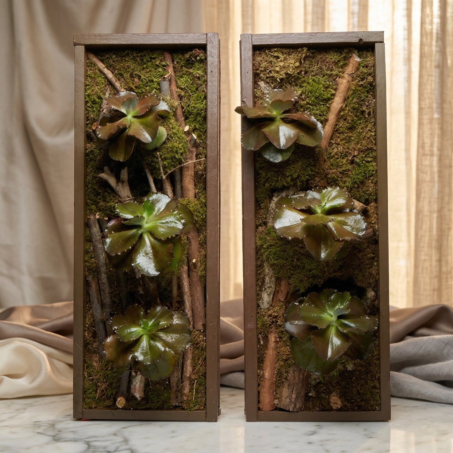 Two vertical wooden frames with green moss, twigs, and dark succulents - TJ Flowers NYC