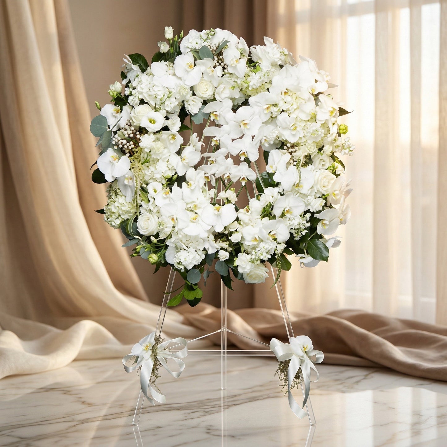 Elegant white orchid and rose funeral wreath on a clear acrylic stand with ribbons - TJ Flowers NYC