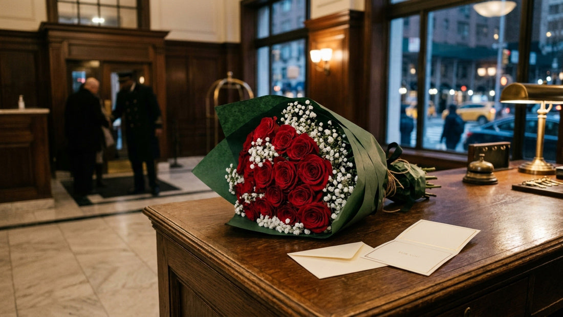 Anonymous red rose bouquet at NYC building desk — TJ Flowers NYC