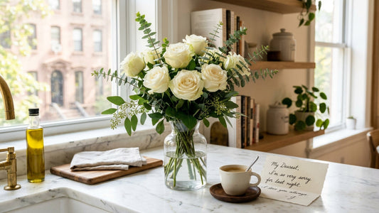 White rose apology bouquet with handwritten note — TJ Flowers NYC