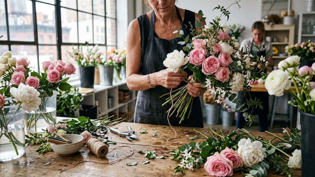 NYC florist at work bench arranging flowers — TJ Flowers NYC