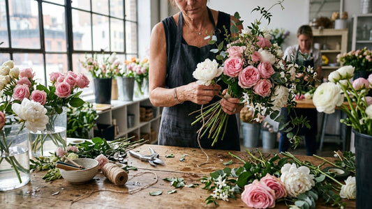 NYC florist at work bench arranging flowers — TJ Flowers NYC