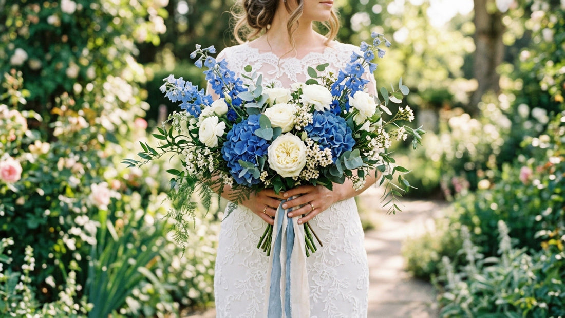 Blue delphinium and hydrangea wedding bouquet — TJ Flowers NYC