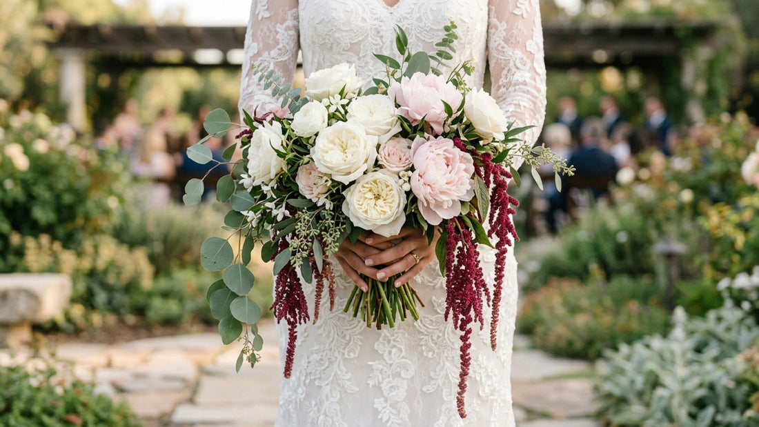 Cascading bridal bouquet with peonies and garden roses — TJ Flowers NYC