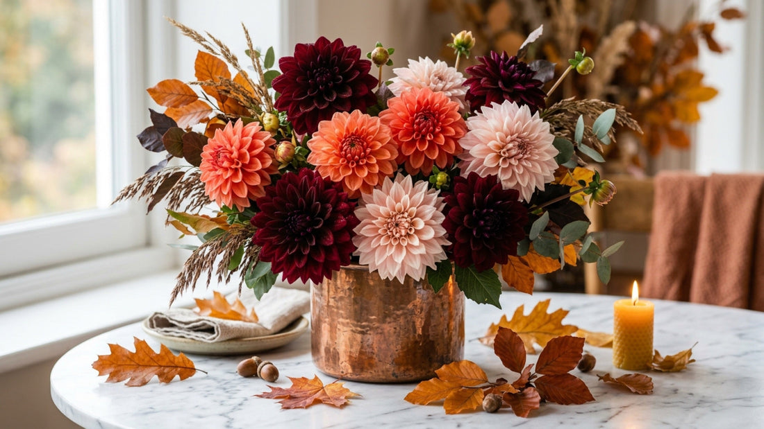 Burgundy and coral dahlias in copper vase — TJ Flowers NYC
