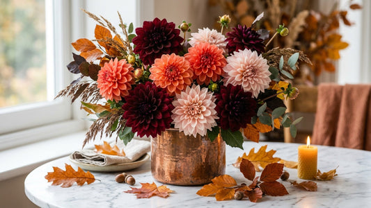 Burgundy and coral dahlias in copper vase — TJ Flowers NYC