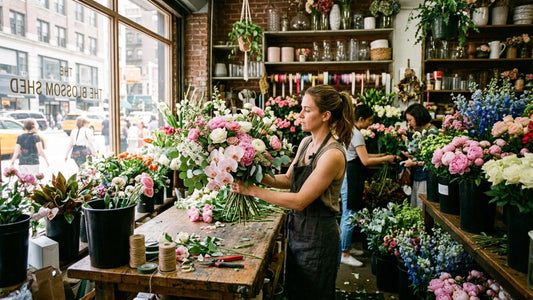 NYC florist preparing arrangement in shop — TJ Flowers NYC