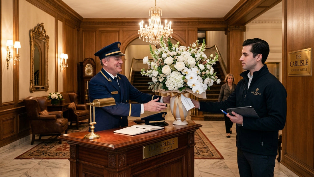 Doorman accepting flower delivery at NYC building — TJ Flowers NYC