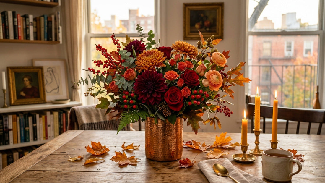 Autumn flower arrangement with dahlias and burgundy roses — TJ Flowers NYC