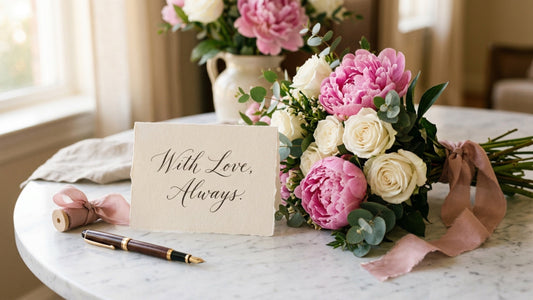 Handwritten flower card with bouquet — TJ Flowers NYC