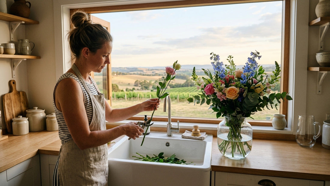 Trimming flower stems at an angle with fresh bouquet nearby
