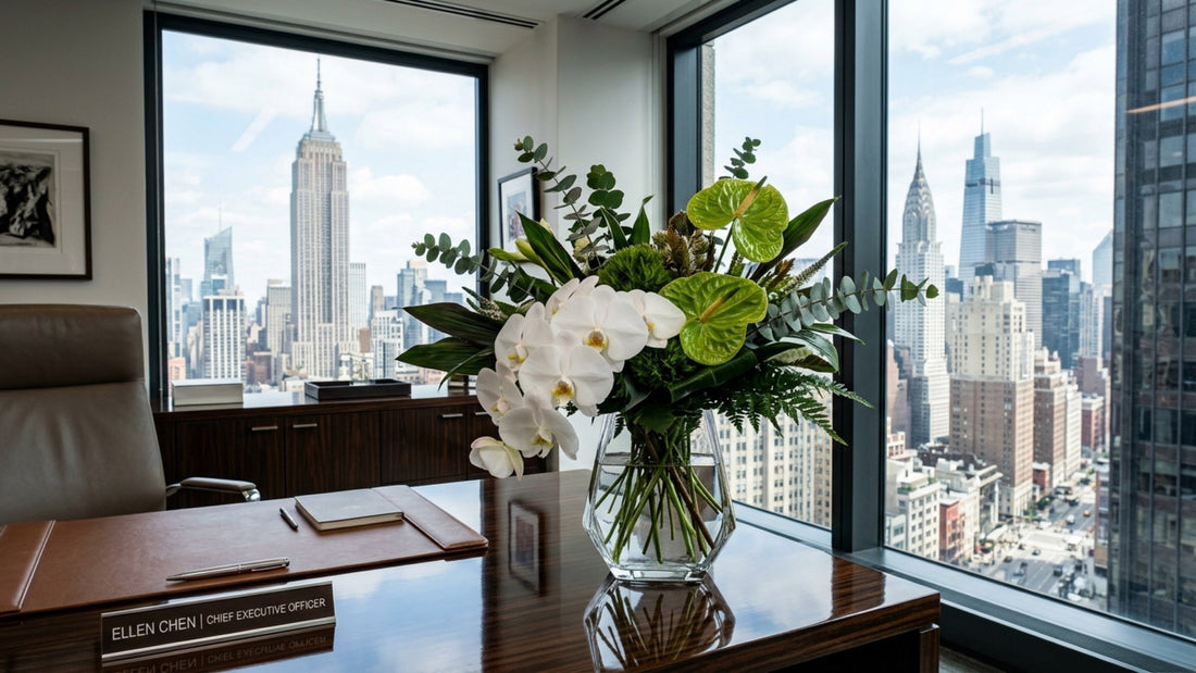 Corporate orchid arrangement on NYC executive desk — TJ Flowers NYC