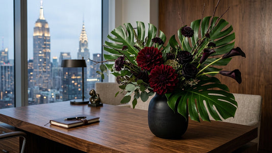 Masculine dark dahlia and calla lily arrangement — TJ Flowers NYC