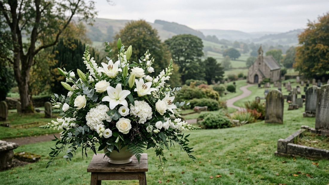 Elegant white sympathy arrangement with lilies and roses