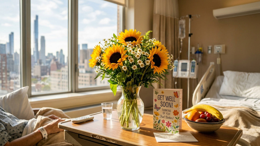 Cheerful get well flowers in NYC hospital room — TJ Flowers NYC