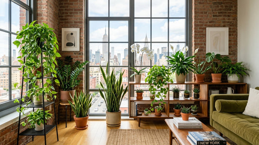 Various house plants arranged in a modern NYC apartment