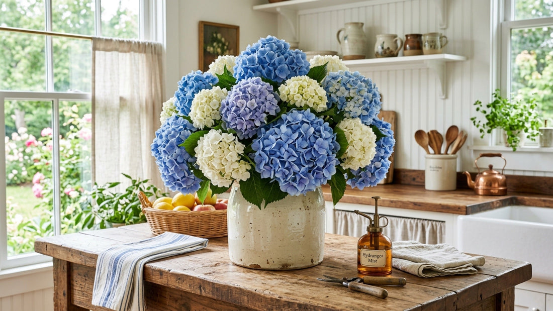 Blue and white hydrangeas in ceramic pot — TJ Flowers NYC