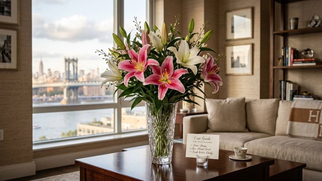 Pink stargazer and white lilies in crystal vase — TJ Flowers NYC