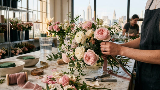 Florist hands arranging premium roses in NYC studio — TJ Flowers NYC