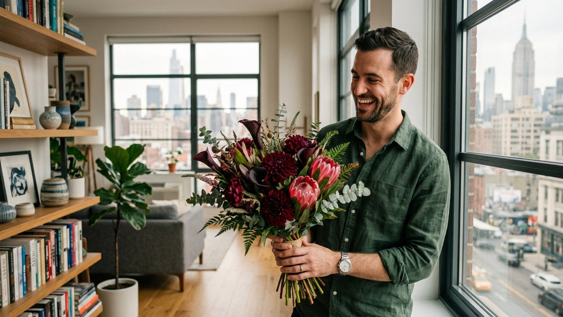 Man receiving masculine flower bouquet — TJ Flowers NYC
