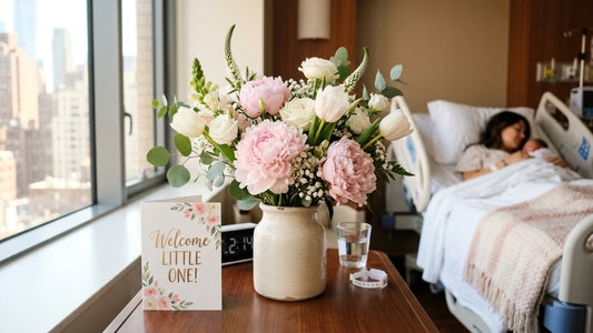 Soft pastel baby flower arrangement in NYC hospital room — TJ Flowers NYC
