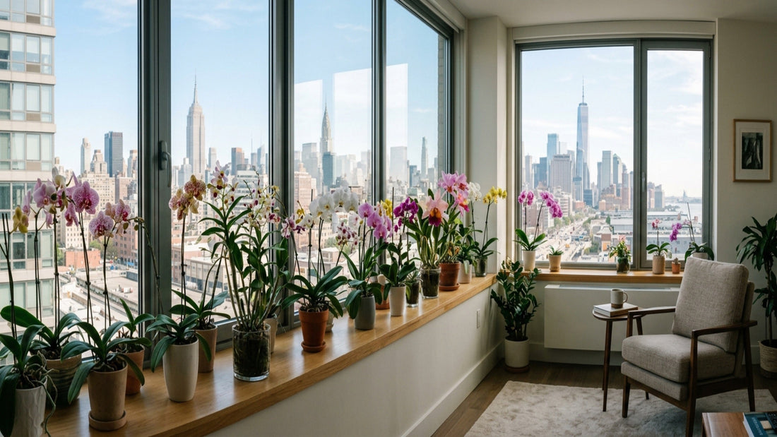 Orchid plants on a bright windowsill in a modern NYC apartment