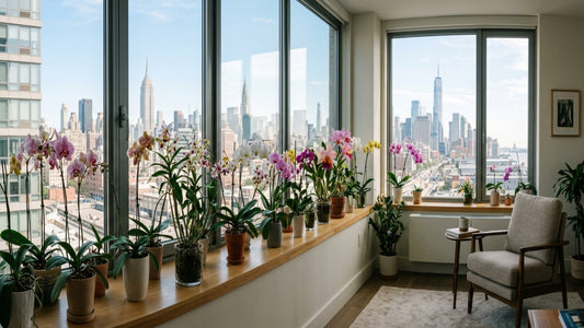 Orchid plants on a bright windowsill in a modern NYC apartment