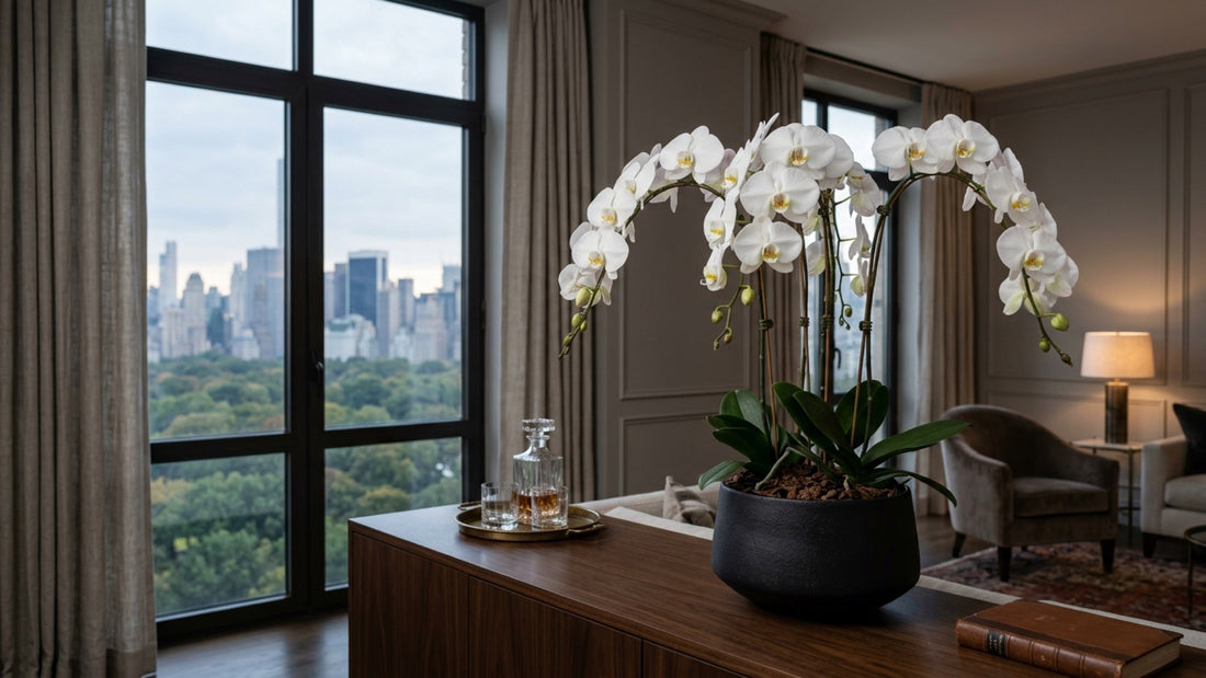 White phalaenopsis orchid in luxury NYC apartment — TJ Flowers NYC