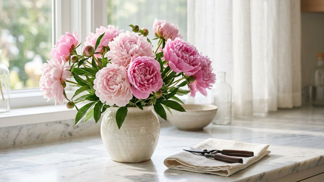 Pink peonies in ivory vase with florist scissors — TJ Flowers NYC