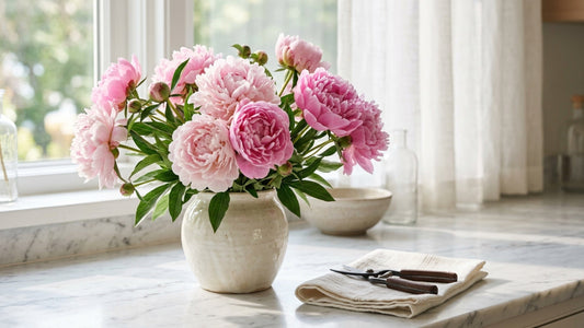 Pink peonies in ivory vase with florist scissors — TJ Flowers NYC