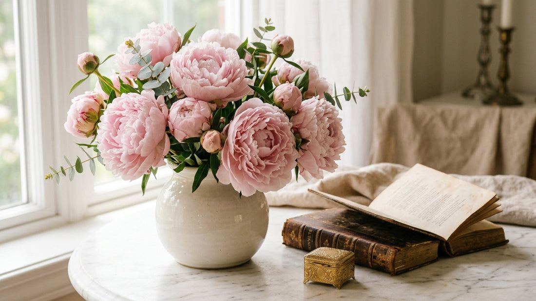 Blush peonies with antique book and ring box — TJ Flowers NYC