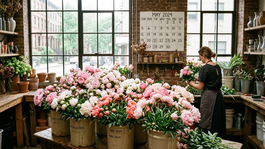 Peonies in NYC flower studio during peak season — TJ Flowers NYC