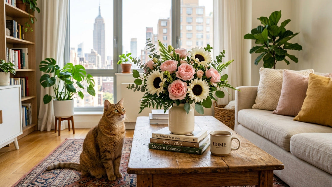 Cat near pet-safe rose bouquet in NYC apartment — TJ Flowers NYC