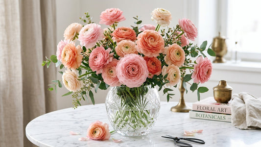 Pink and peach ranunculus in crystal vase — TJ Flowers NYC